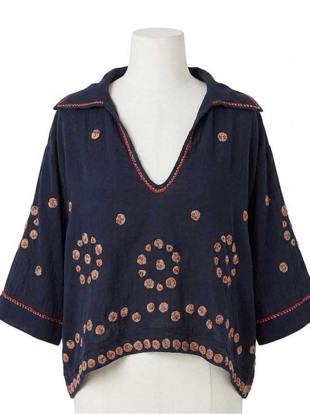 NWT The Great. Navy Embroidered Beaded V‑Neck Bobo Sailor Top